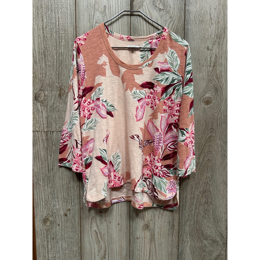 Chicos Size 2 Large Peach Pink Tropical Floral 3/4 Sleeve Slub Knit Tunic Top